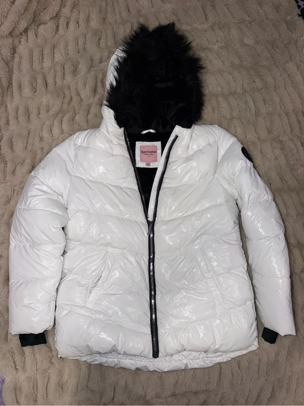 Juicy Couture White Kids Glossy Puffer Jacket with Black Faux Fur Hood